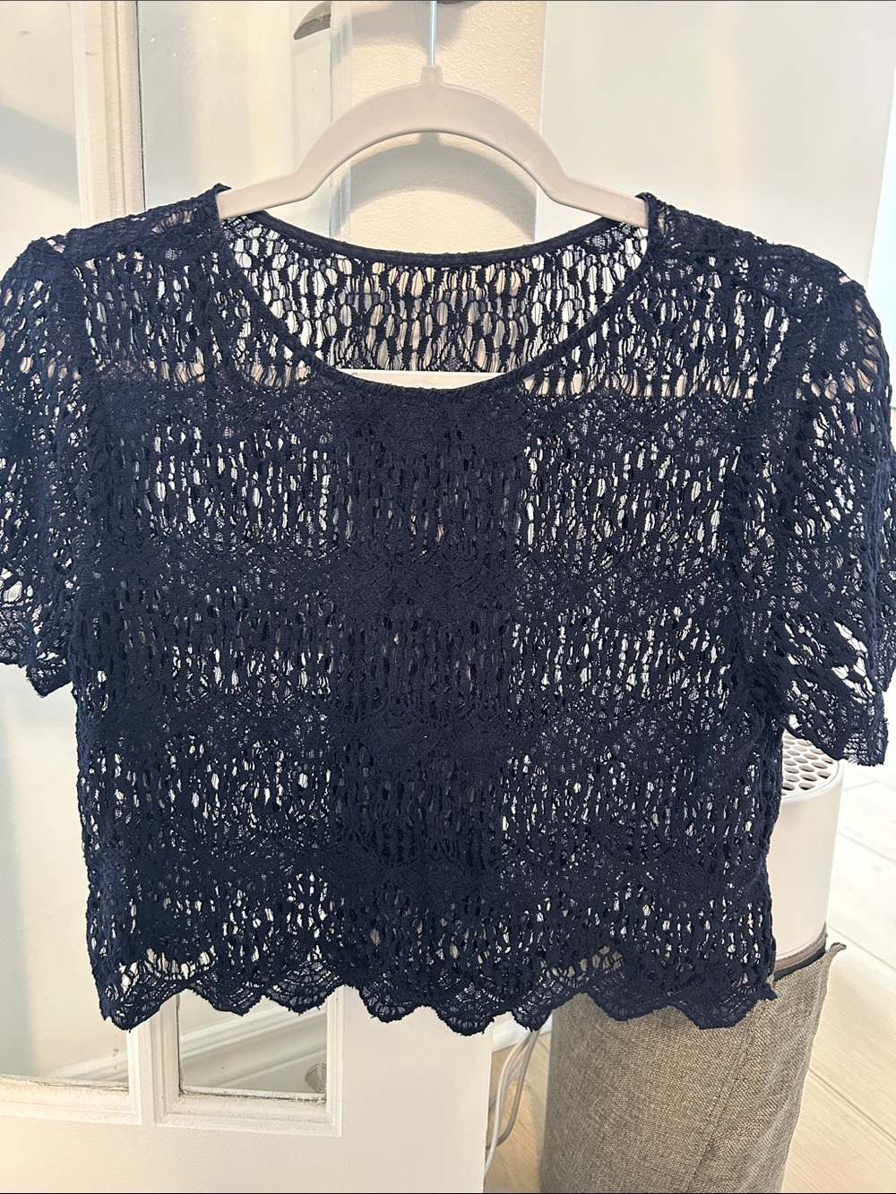Navy Crochet Short-Sleeve Crop Top - Women's